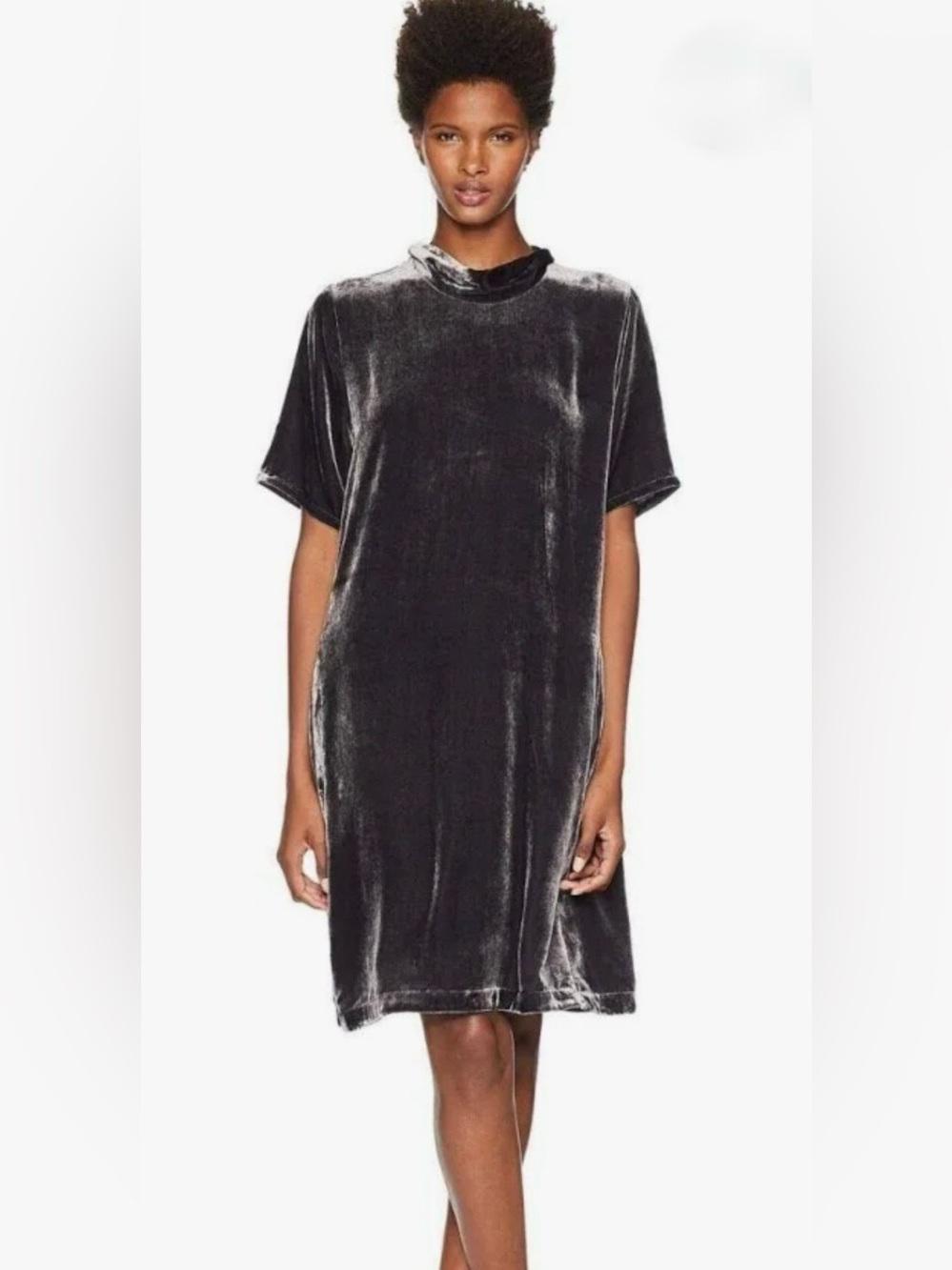 Eileen Fisher Crushed Velvet Shift Dress Silk Blend Brown Tie-Neck  Small